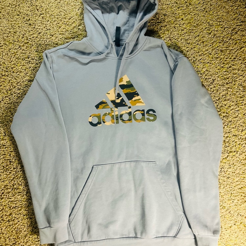 Adidas Light Blue Hoodie Large Pullover Camo Logo Streetwear Sweatshirt
